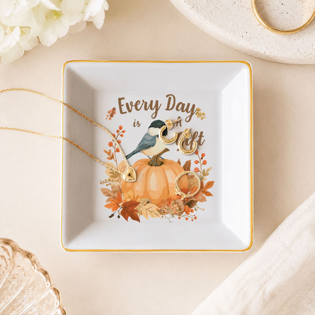 Every Day Is A Gift Bird on Pumpkin Jewelry Dish Trinket Ring Holder Fall Decor