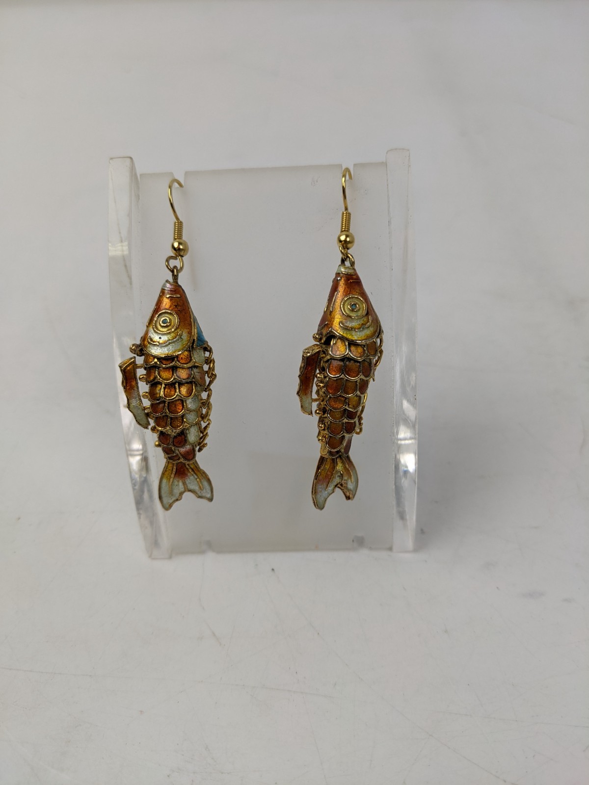 Vintage Mid 20th Century Articulated Enamel Cloissone Hinged Fish Earrings