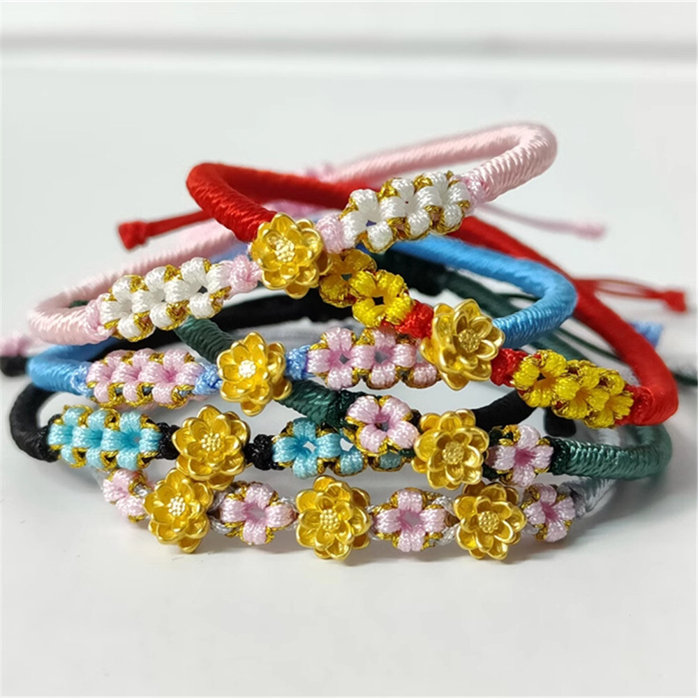 1pcs Pure 999 24K Yellow Gold Women 3D Lucky Lotus Flower Bracelet 0.1-0.2g