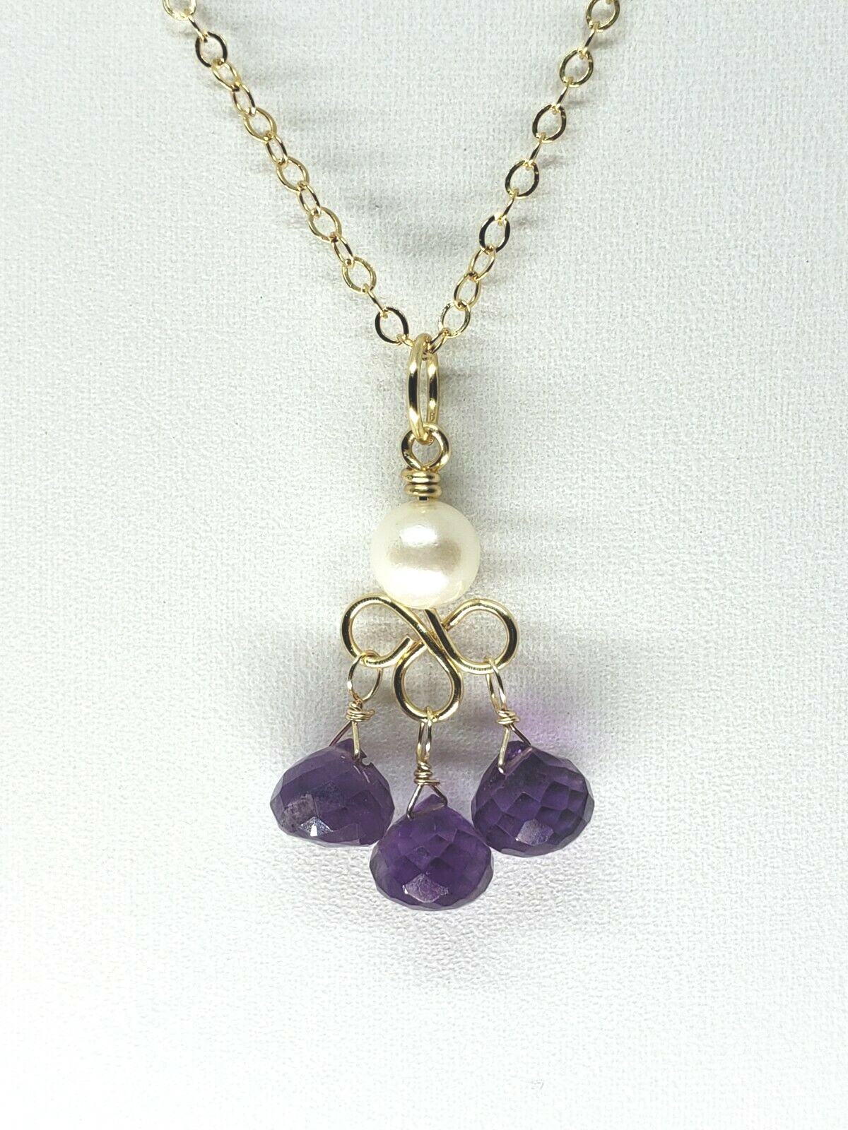 14k Yellow Gold Amethyst Briolette and White Pearl Chandelier Dangle Pendant