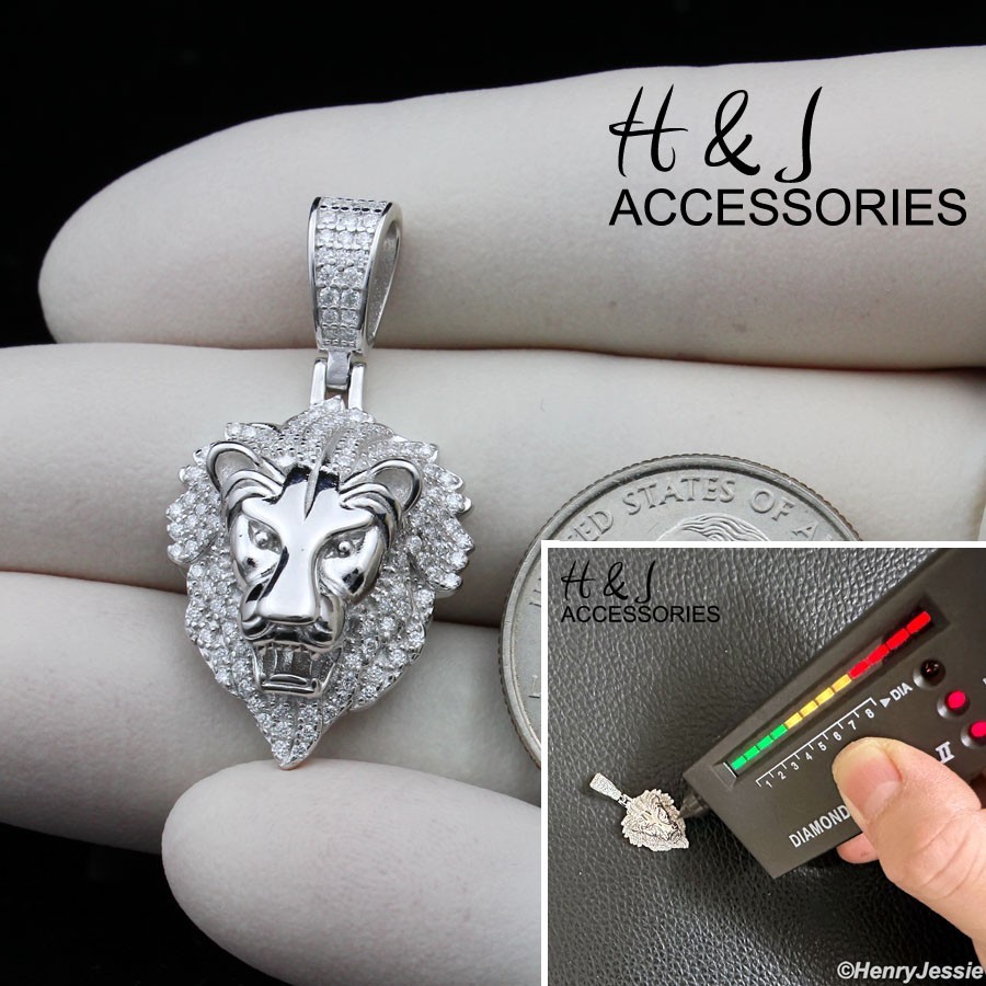 MEN SOLID 925 STERLING SILVER BLING MOISSANITE 3D LION FACE PENDANT*ASP559