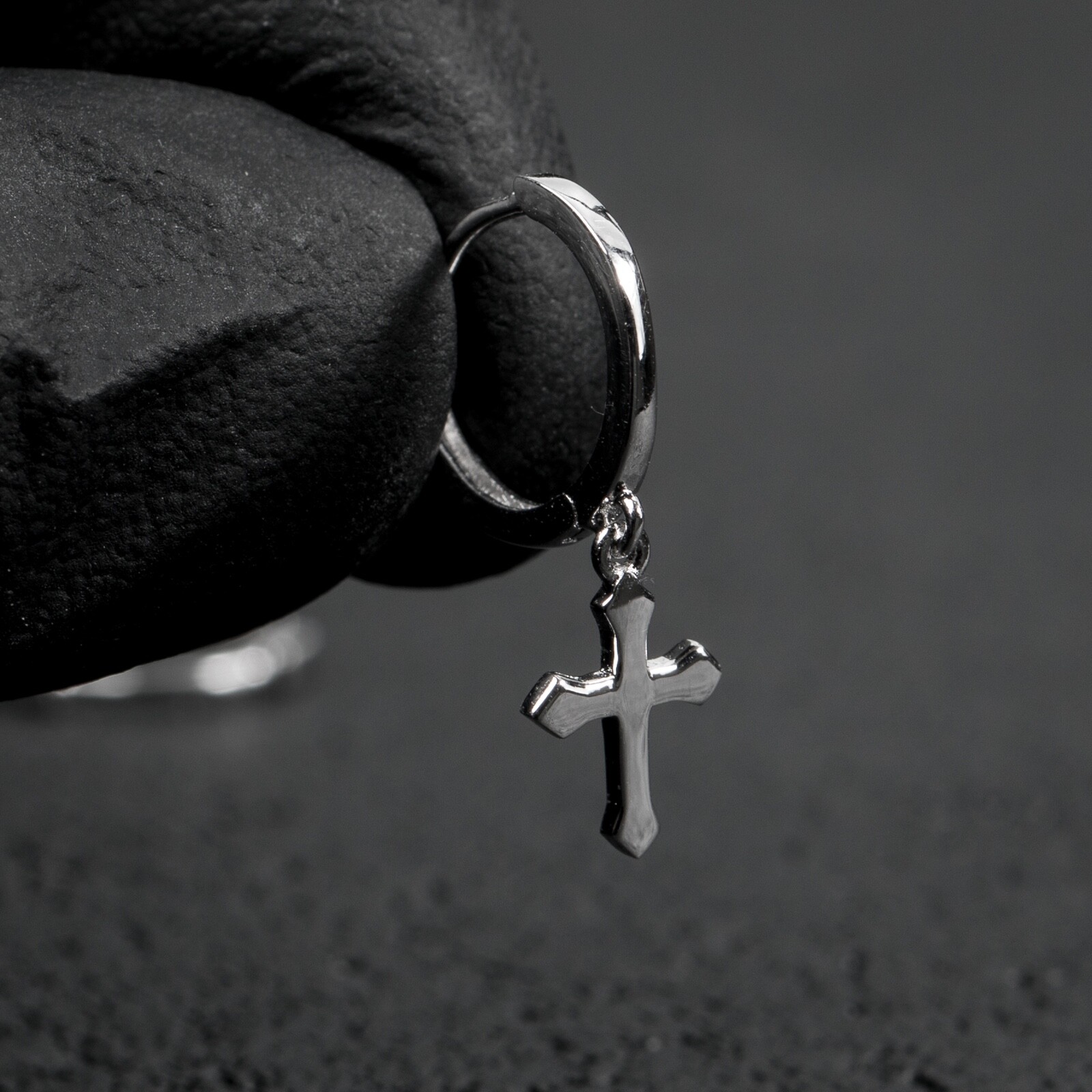 Mens Small Solid Sterling Silver Cross Dangle Drop Hanging Huggie Hoop Earrings