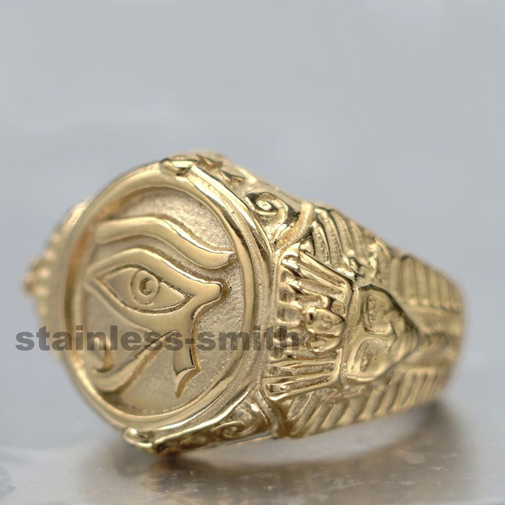 Mens Gold Egyptian Egypt Pharaoh Eye Of Horus Ra Ring Stainless Steel Size 7-15
