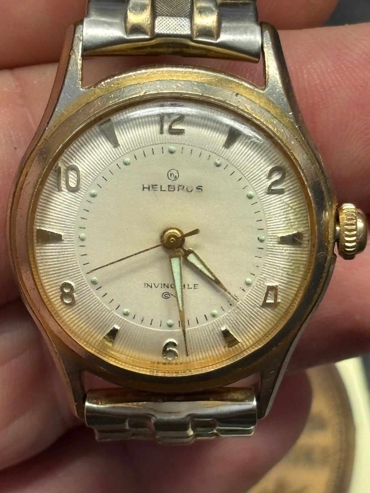 Vintage HELBROS INVINCIBLE gold mens Mechanical Windup WATCH 1950s 1960s WORKING