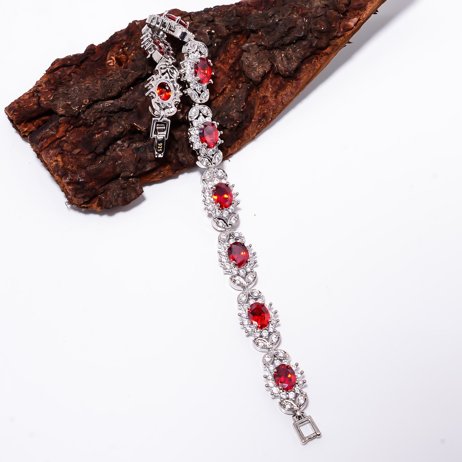 Ruby – Simulated)Spinel, CZ 925 Sterling Silver Tennis Bracelet B129021