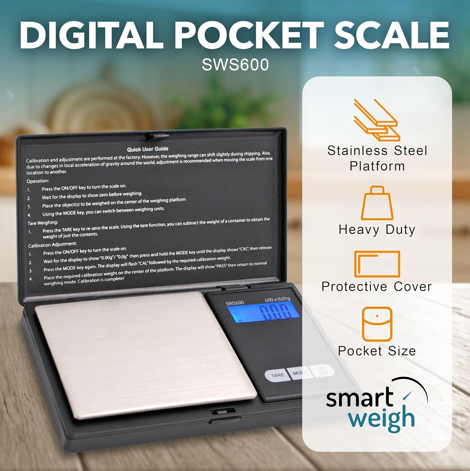 Smart Weigh Digital Pocket Gram Scale, 600g x 0.1g Digital Gram Scale