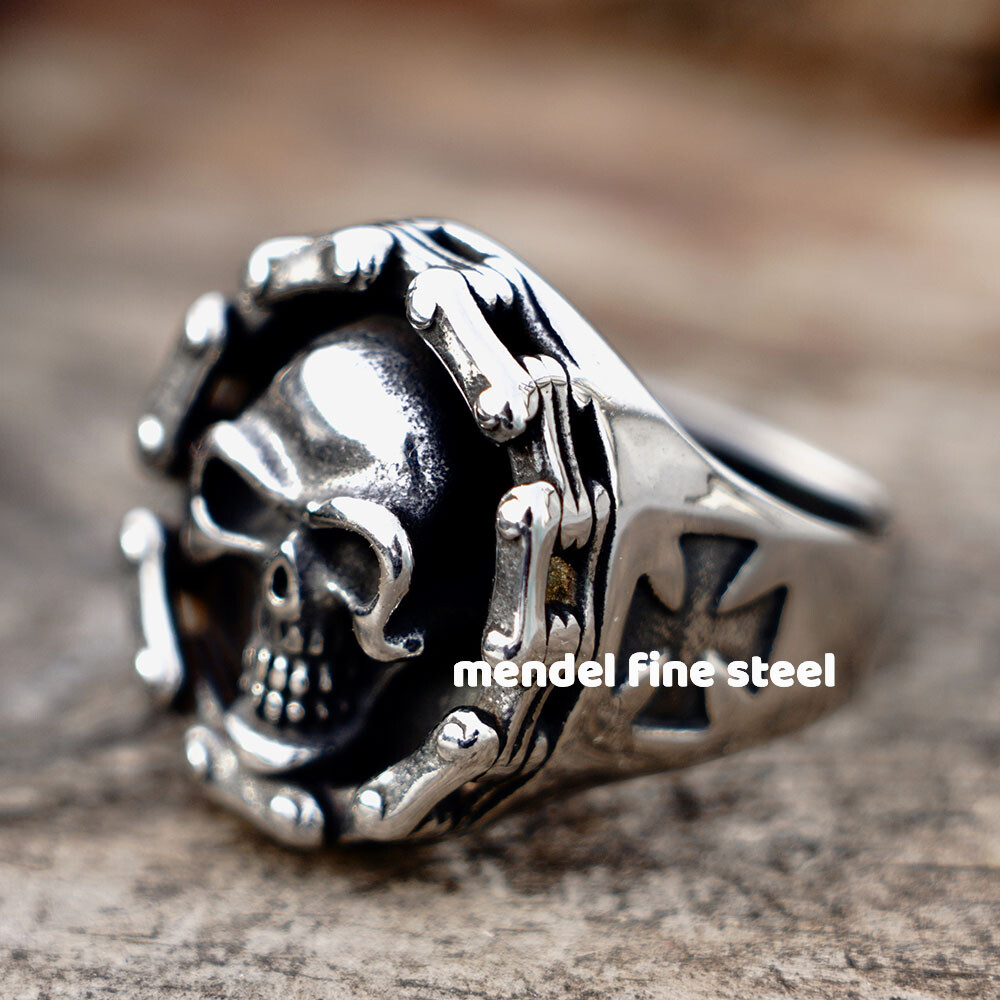 MENDEL Mens Stainless Steel Gothic Biker Chain Link Skull Cross Ring Size 7 8-15