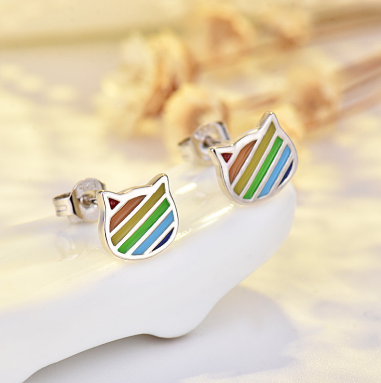 Rhodium Rose Gold Sterling Silver Colorful Cat Face Stud Earrings Gift Box H18