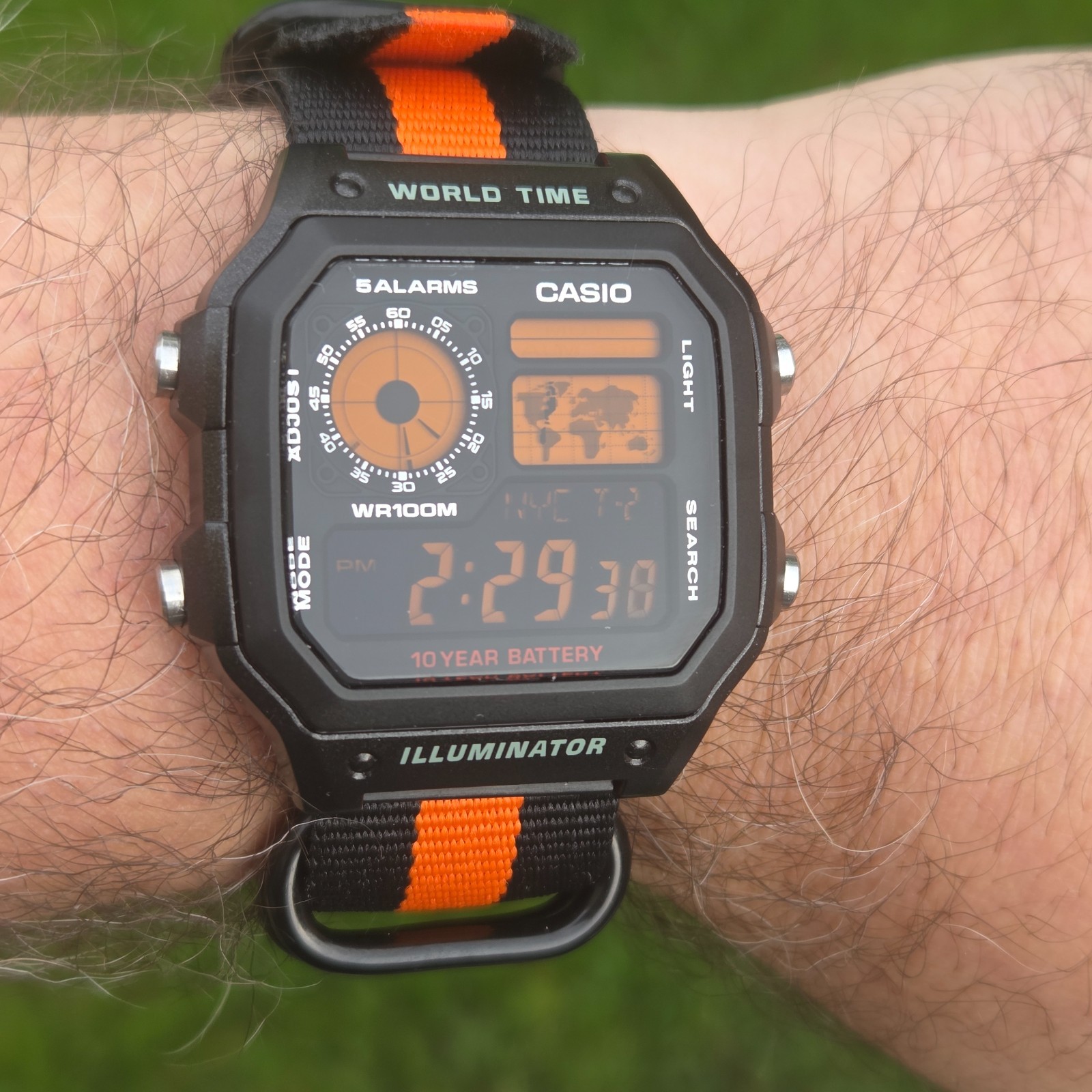 CASIO AE-1200WHD. Royale World Time Watch Mod. Orange Digits Negative. Hydromod.