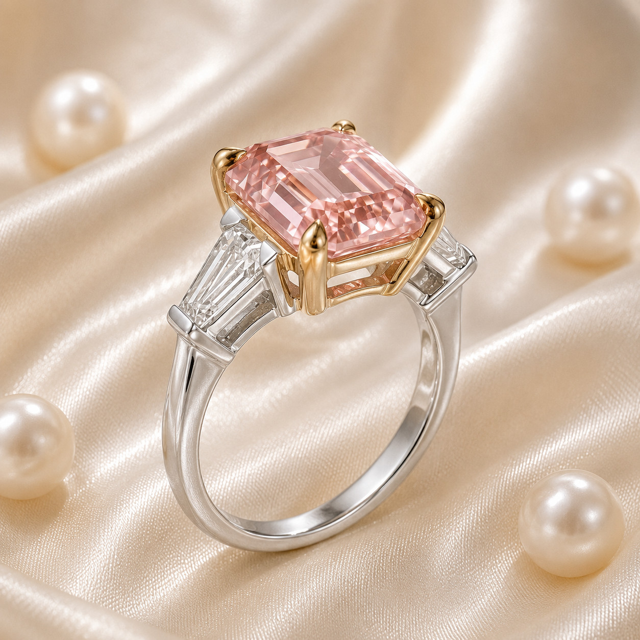 Fancy Intense Pink Diamond Ring 18k Multi Gold IGI Lab Grown 4.70 Ct Emerald Cut
