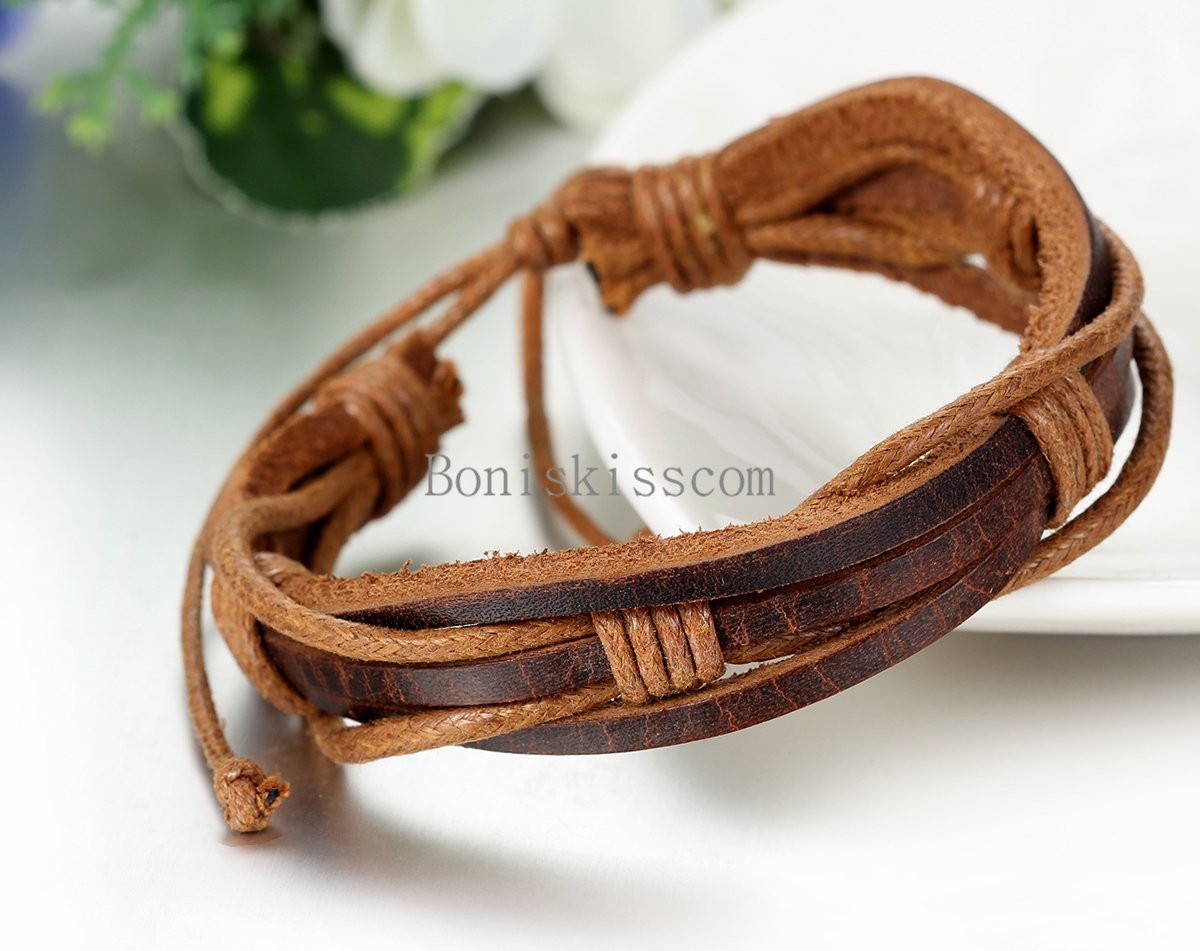 Punk Leather Wrap Braided Strap Cord Bangle Adjustable Bracelet Tribal Men Women