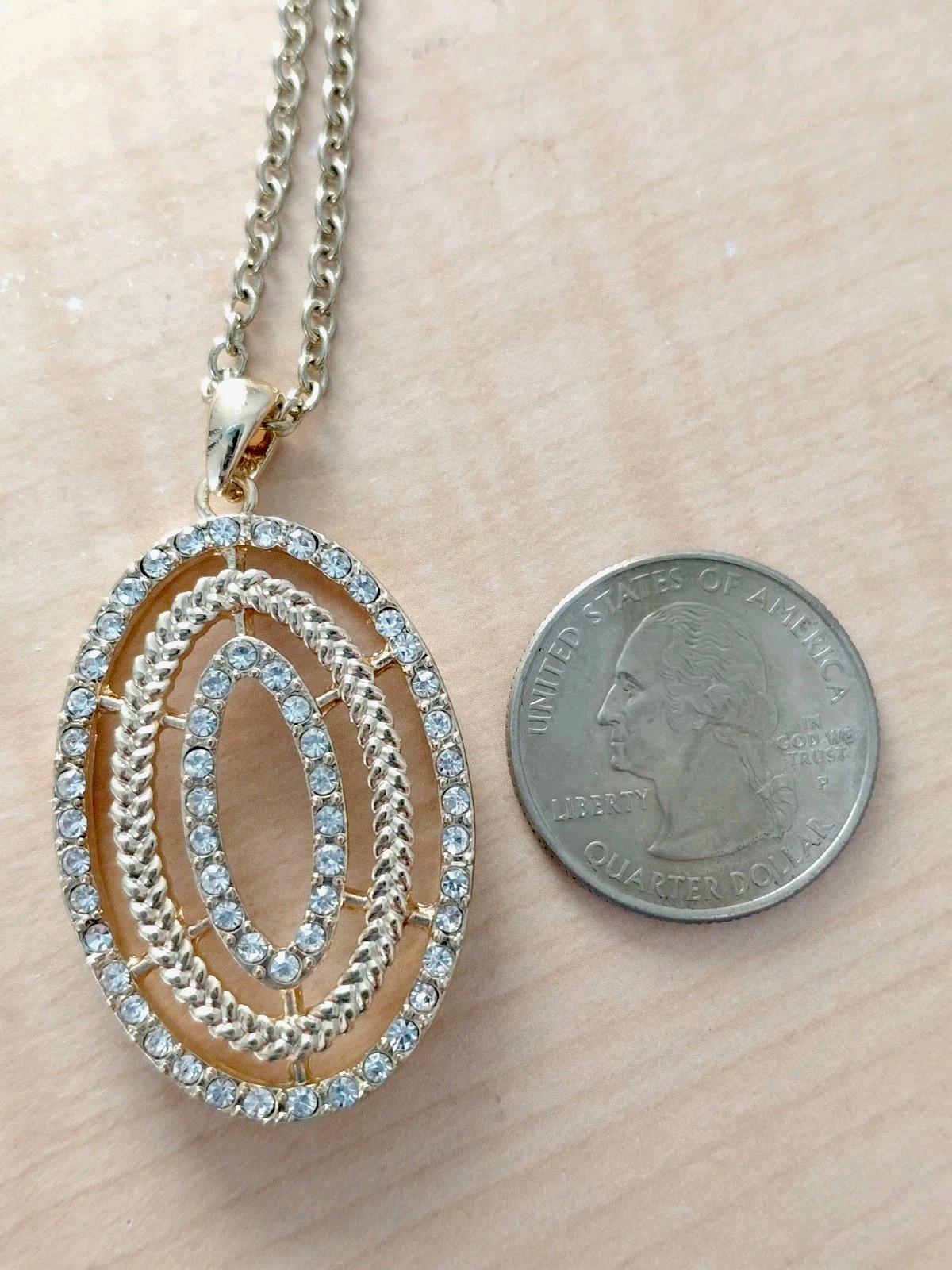 Gold Tone Oval Pendant Necklace _ Clear Rhinestone Accents _ None Missing