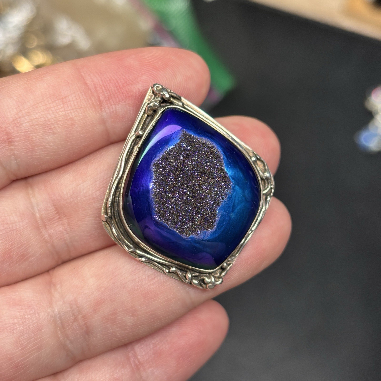 Vintage Sterling Silver Blue Druzy Agate Pendant Studio Artisan