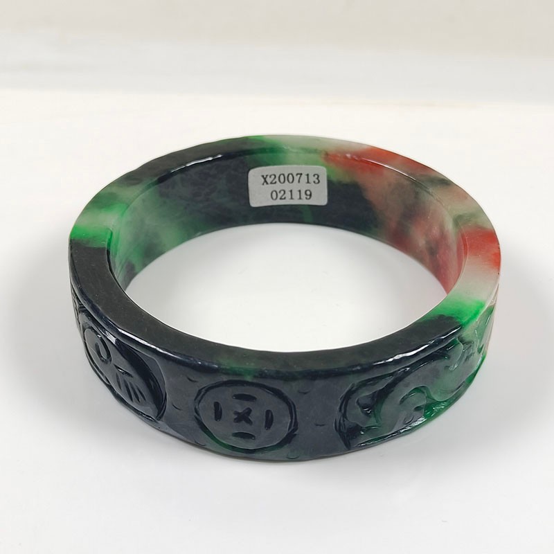 61mm Real Natural Ice Multicolor Burmese Jade jadeite Carving Bracelet Bangle