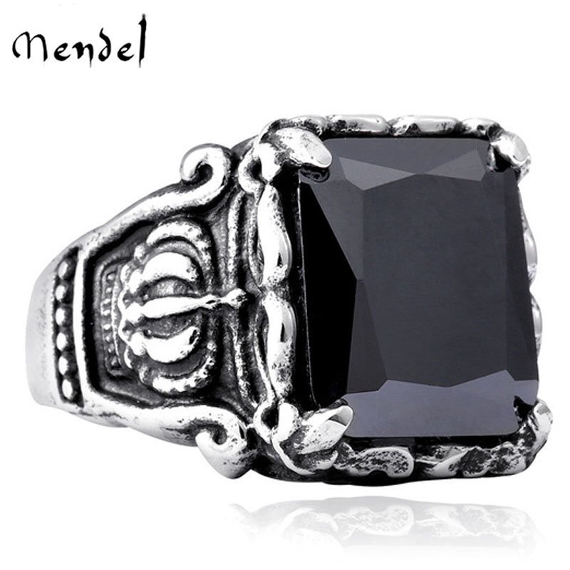 MENDEL Mens Natural Black Obsidian Crown Ring For Men Stainless Steel Size 7-15