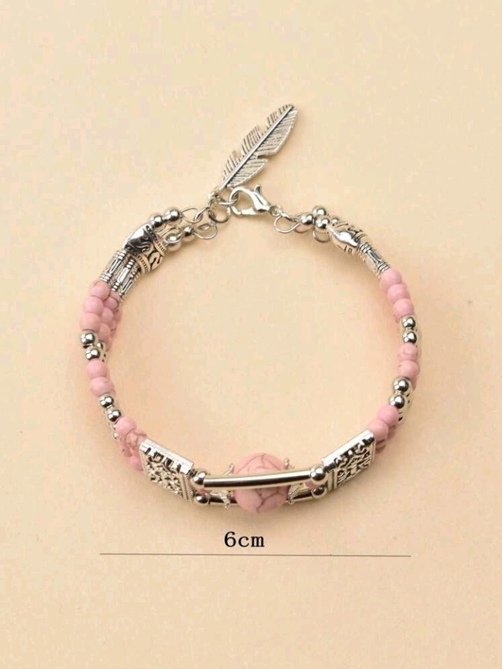 Silver-Plated Zinc Bangle Bracelet With Pink Turquoise Beads