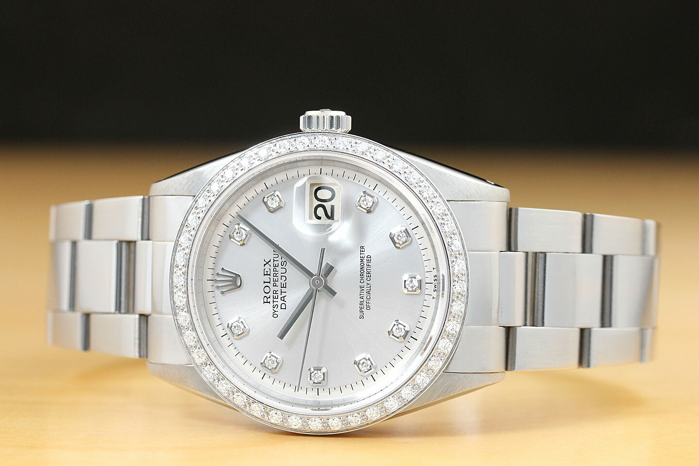 MENS ROLEX DATEJUST SILVER DIAL WATCH + 18K WHITE GOLD DIAMOND BEZEL