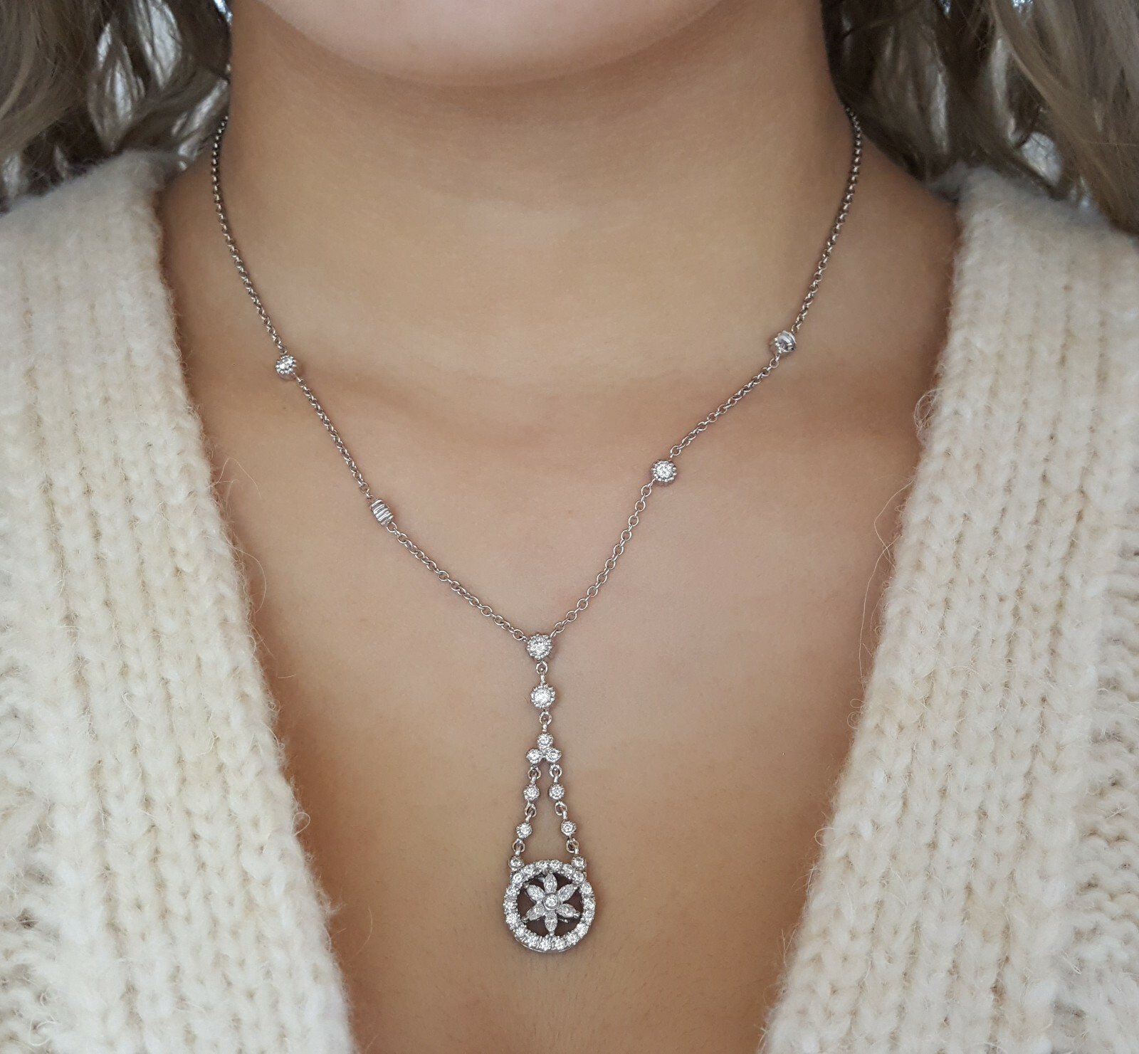 Round & Marquise Cut Diamond Drop Necklace 8.8 Grams 17″ 1.2 ct 14K White Gold