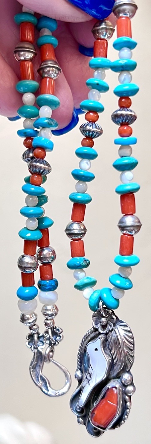 LOVELY Native, Navajo Signed Sterling Silver Turquoise, Coral, Etc Bird Necklace