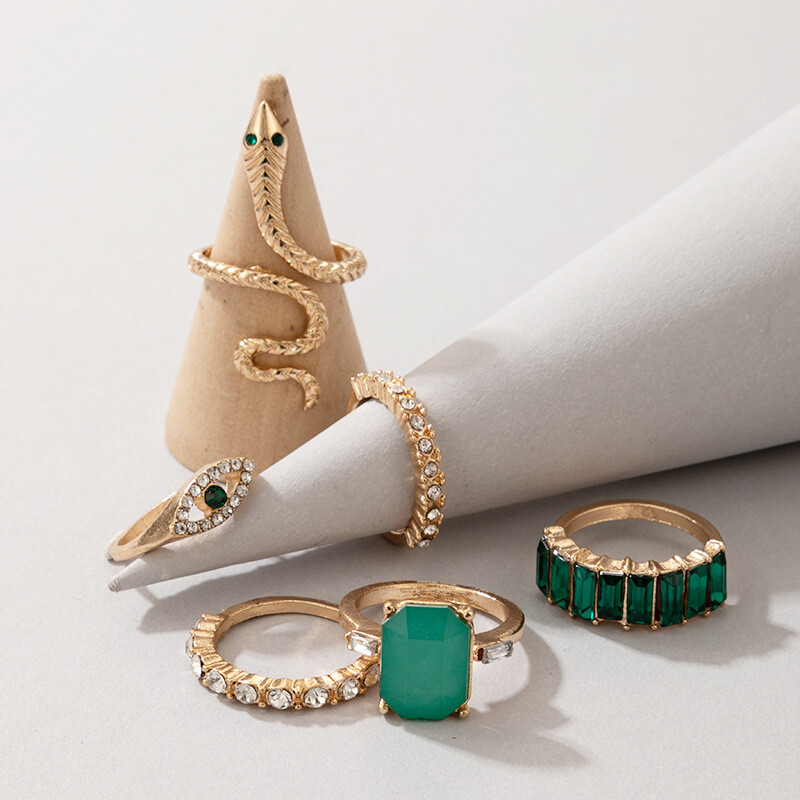 6 pcs Gold Boho Stack Plain Above Knuckle Ring Snake Green Finger Tip Rings Set
