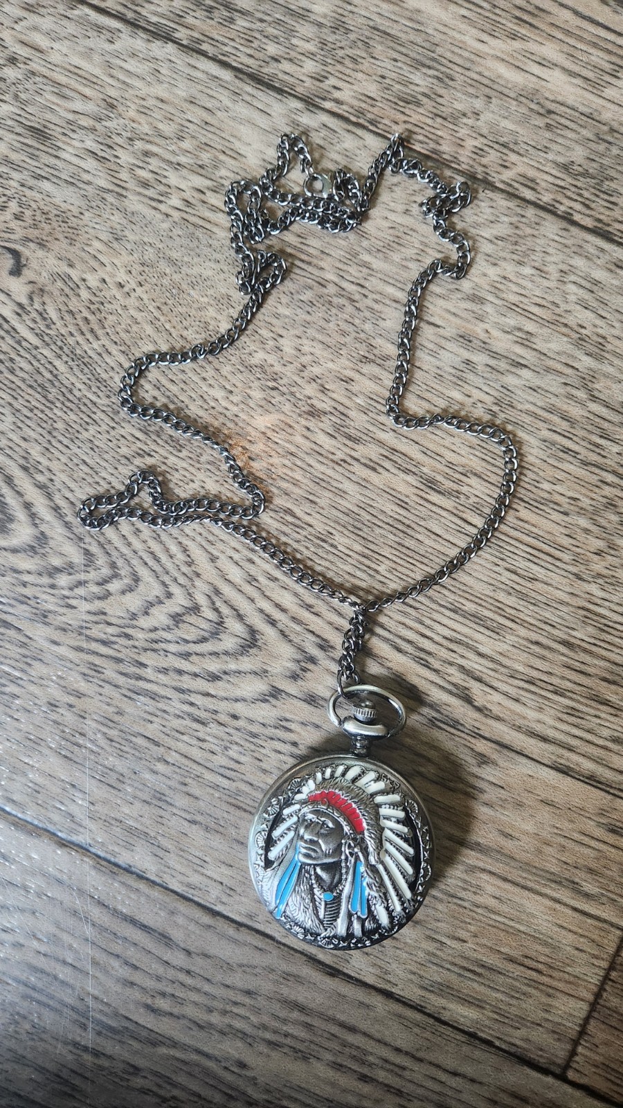 Native American Indian Chief Pocket Watch +Chain Enamel Brass Tone • New Battery