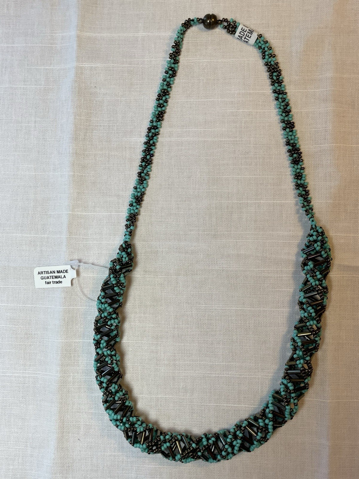 DNA Double Helix Necklace Handmade in Guatemala Czech Glass Beaded Turquoise 24”