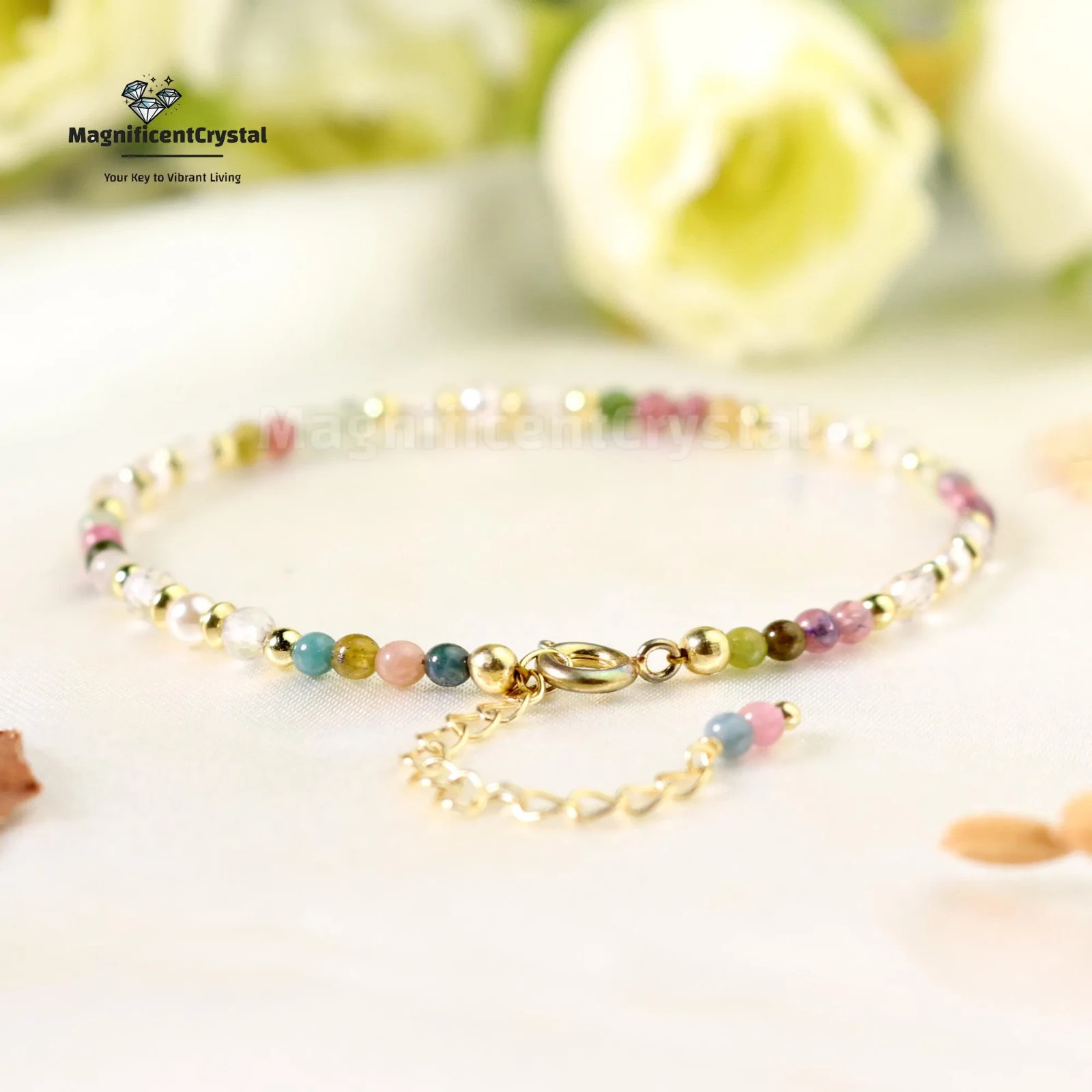 Rainbow Tourmaline Pearl Bracelet Minimalist Beaded Multi-Stone Crystal Boho Gif