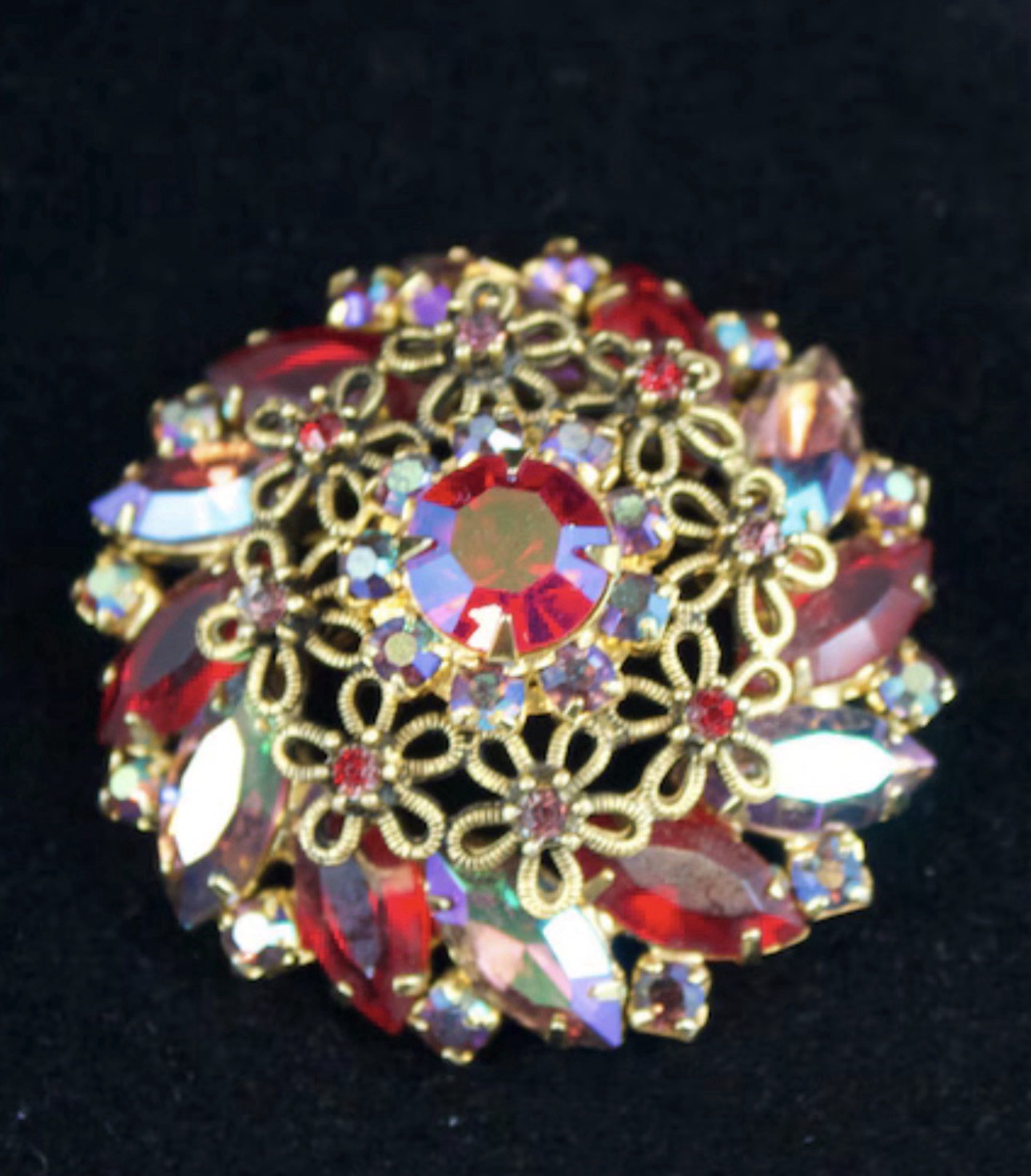 Juliana 1950s Red Rhinestone Marquise Cut Brooch with Faux Iridescent Stones