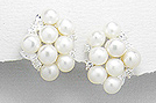 Solid Sterling Silver Cluster Pearl Dangle Earrings English Lock 19mm Long 6.5g