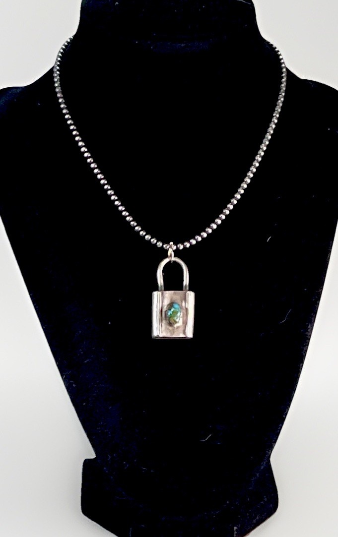 Sterling Silver Turquoise Padlock Pendant 925 Desert Pearl SW 16” Necklace 11.7g