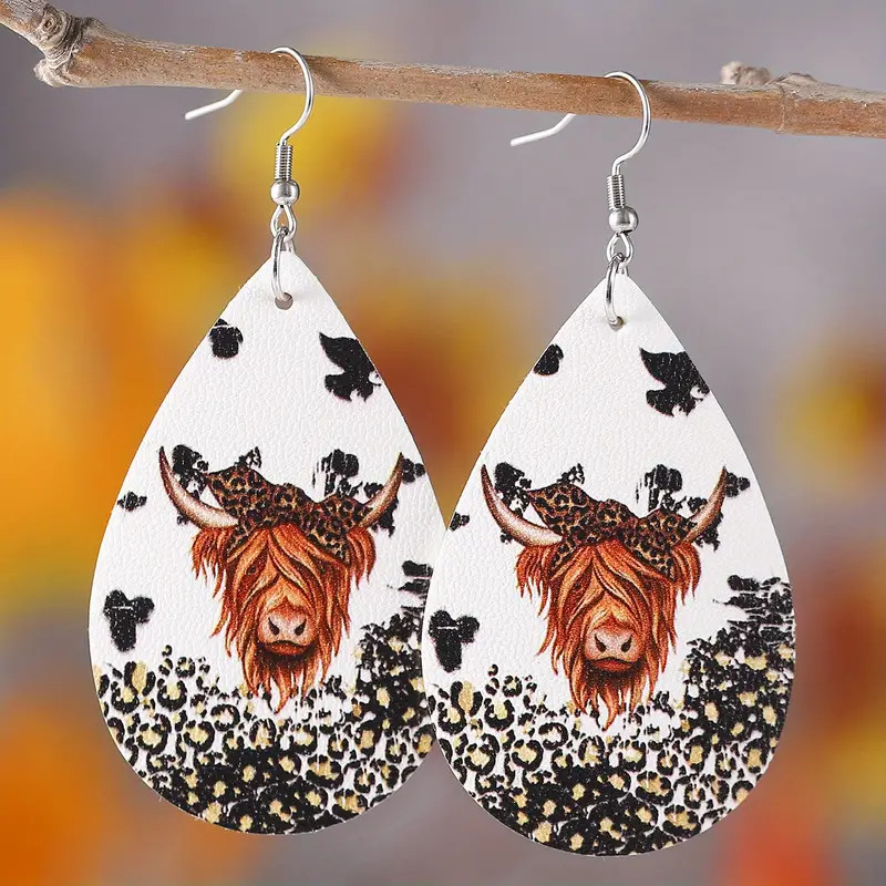 Leopard & Bull Head Shape Pattern PU Leather Drop Hook Earrings Women Girl Trend