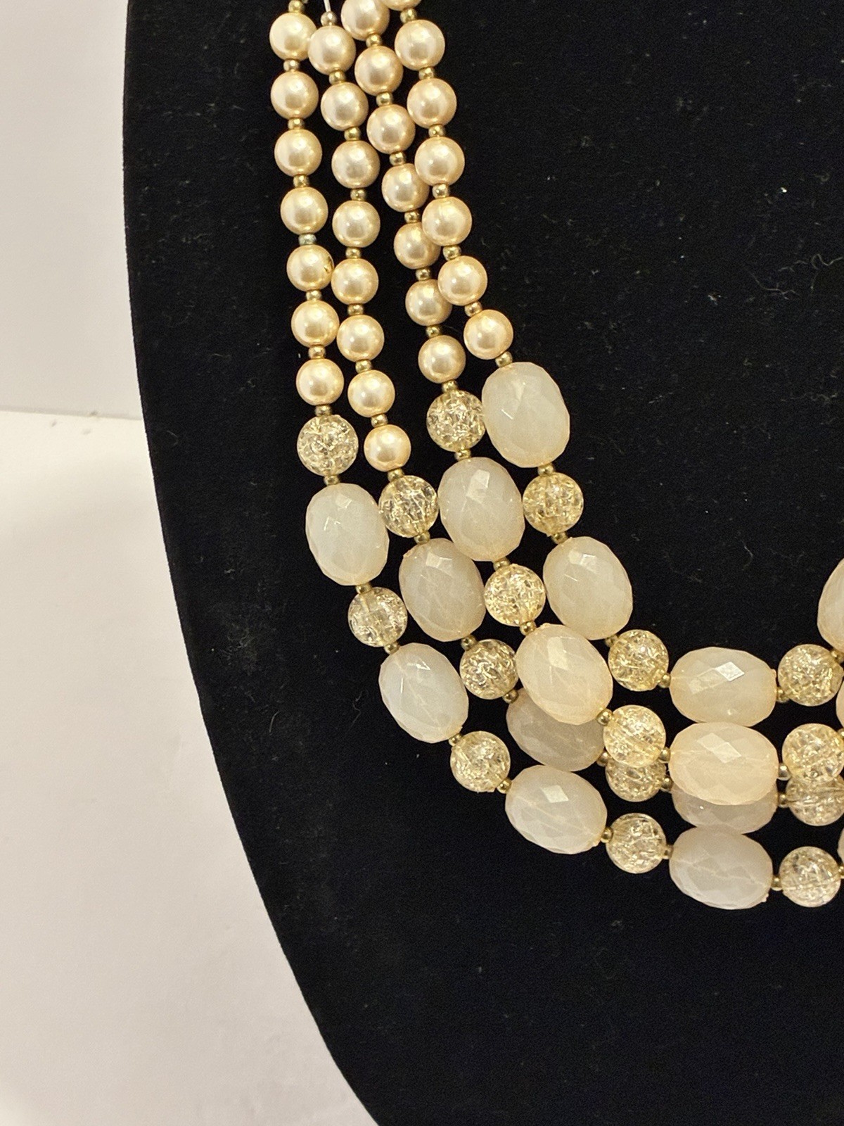 Chunky Multi Strand Statement Necklace Pink Faux Pearl Acrylic Bead Bib Bronze