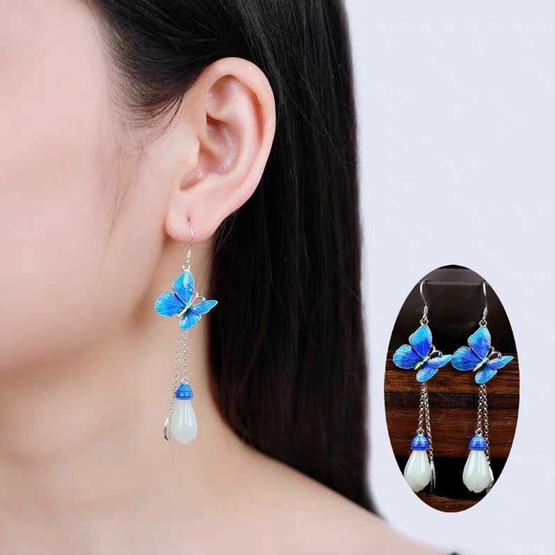 New Enamel Dangle Earrings Lotus Flower Jade Butterfly Drop Chinese