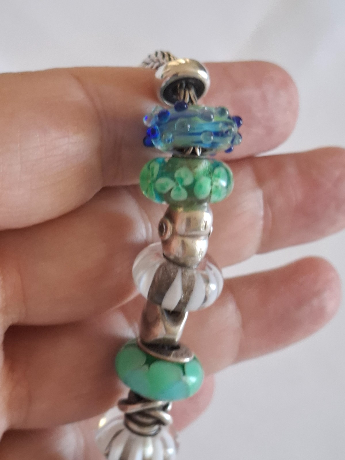Silver 925 Trollbeads Bracelet 14 Charms Approx 20cm Blue Green