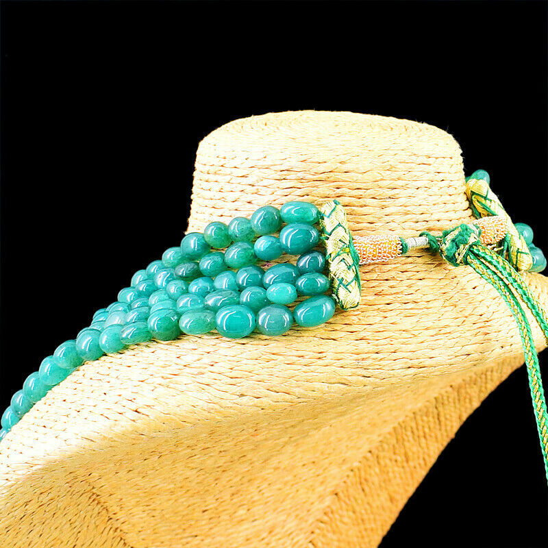 700.00 Cts Earth Mined 5 Line Green Emerald Oval Shape Beads Necklace GIFT