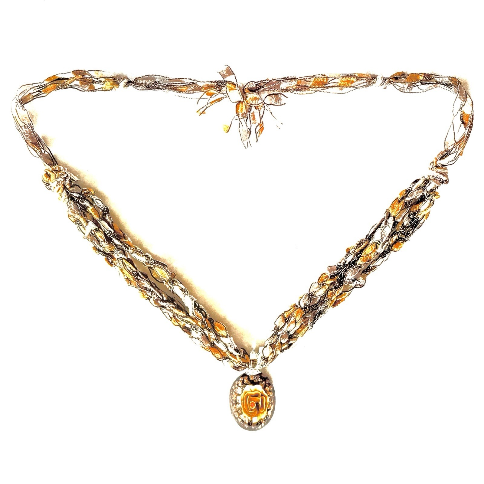 Vtg Artisan Lampwork Glass Rose Pendant Ribbon Yarn Necklace Boho Statement D