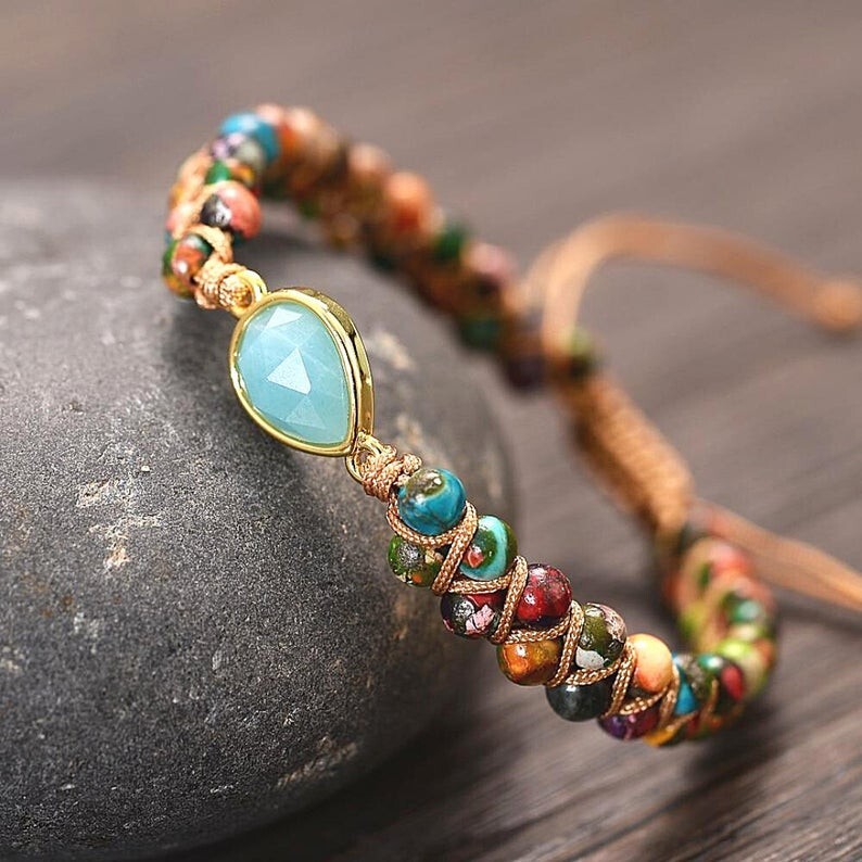 Amazonite Sea Sediment Beaded Handmade Healing Chakra Reiki Women Bracelet Gifts
