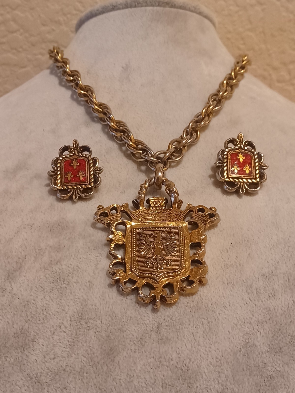 Vintage Fleur-De-Lis Necklace Earrings Medallion Coat of Arms Eagle Crown