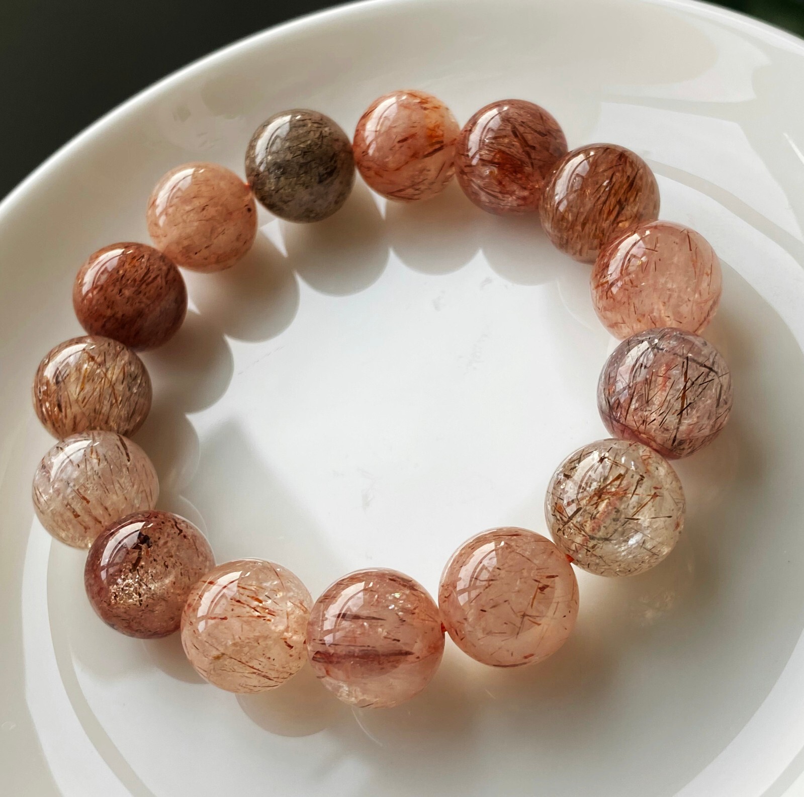 13.4mm Natural Red Gold Rutilated Quartz Crystal Beads Bracelet C758