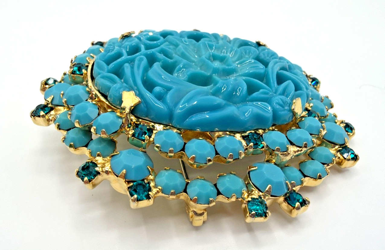 JULIANA D&E Molded Turquoise Glass & Rhinestone Flower Brooch Reference #484