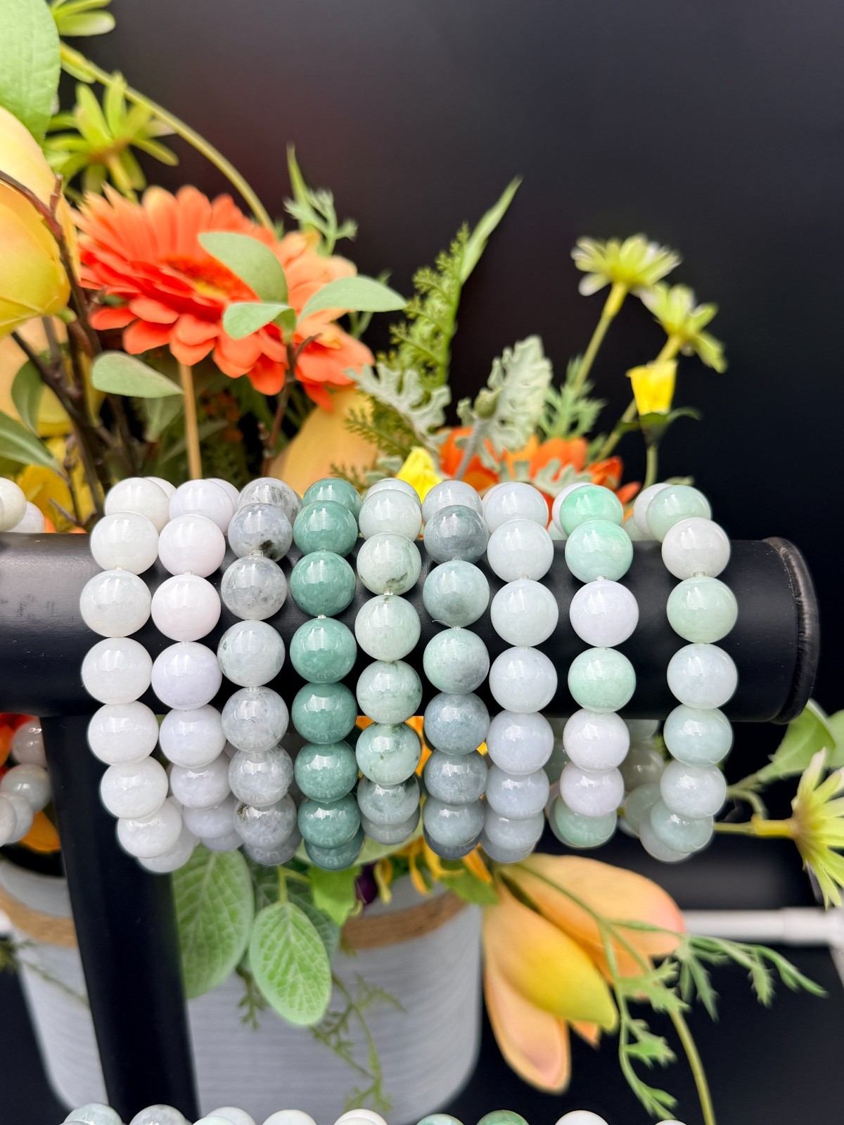 Certified Natural Jadeite Jade Beaded Bracelet Green 13.4mm #100067