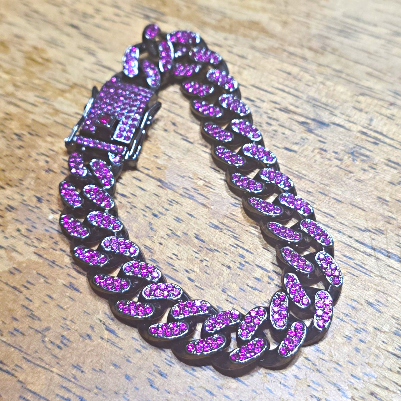 Purple Cuban Link Chain Bracelet w/ Round Cubic Zirconia Rhinestones, Box