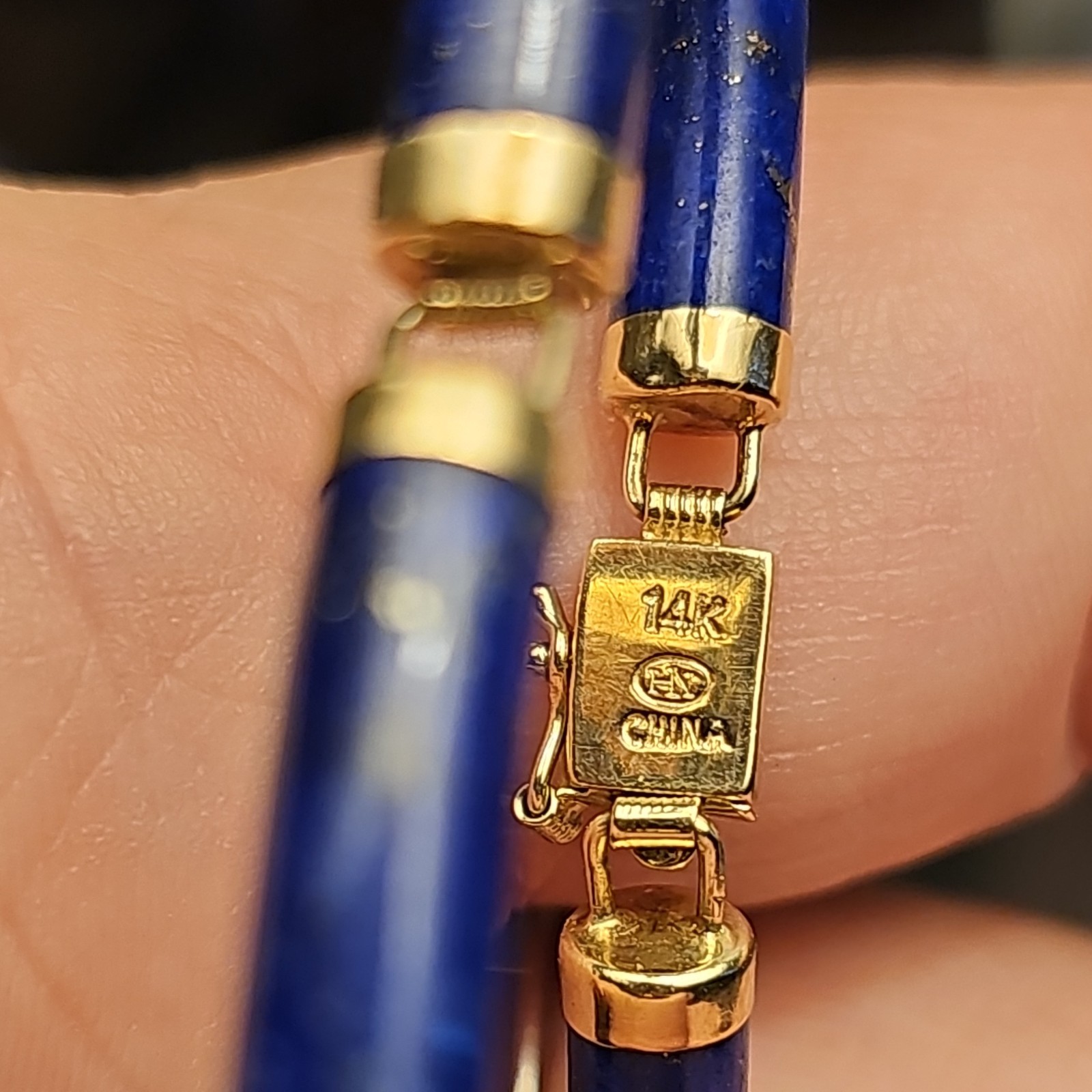 Vintage 14K Gold Heng Ngai HN Chinese Shou Lapis Lazuli Panel Bracelet 585