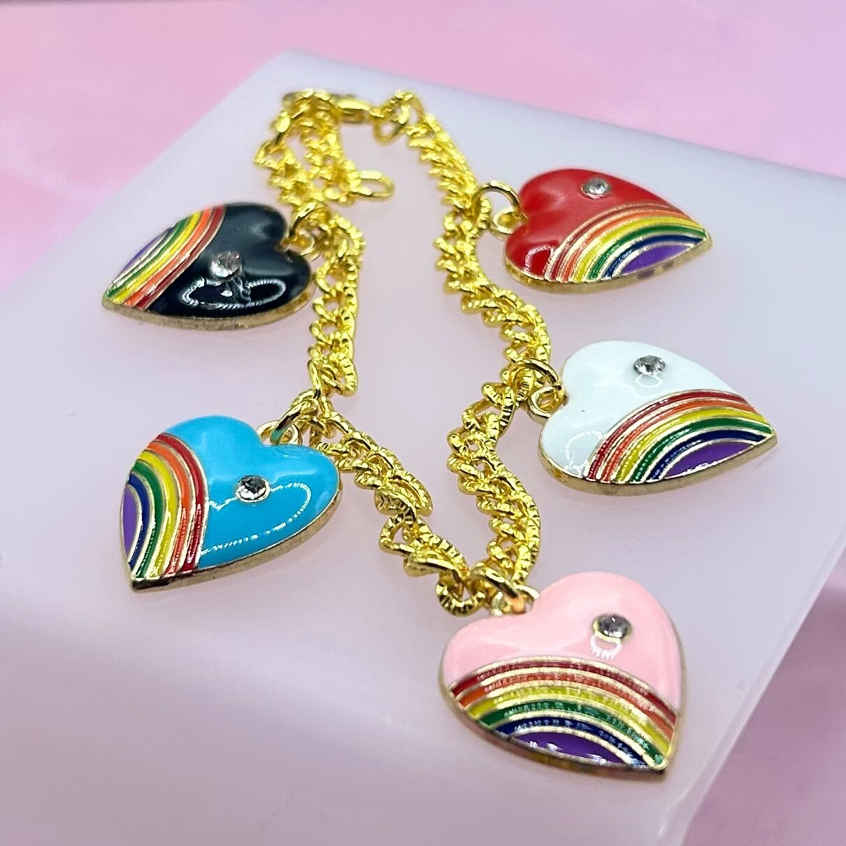Gold Rainbow & Diamante Heart Pendant Charm Bracelet – New Handmade Unique