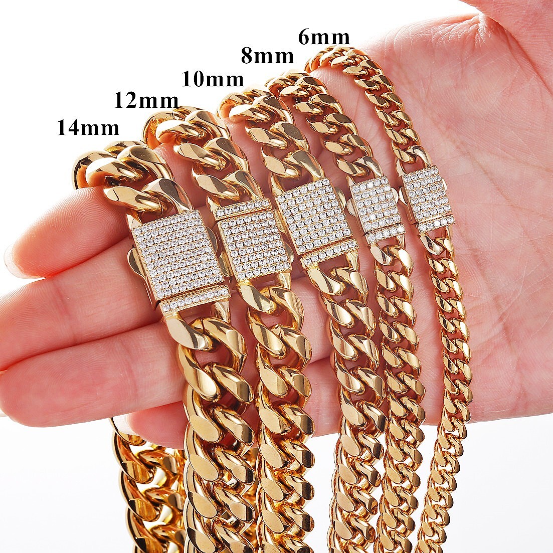 6-14mm Gold Tone Stainless Steel Miami Cuban Link Chain Necklace for Men Women
