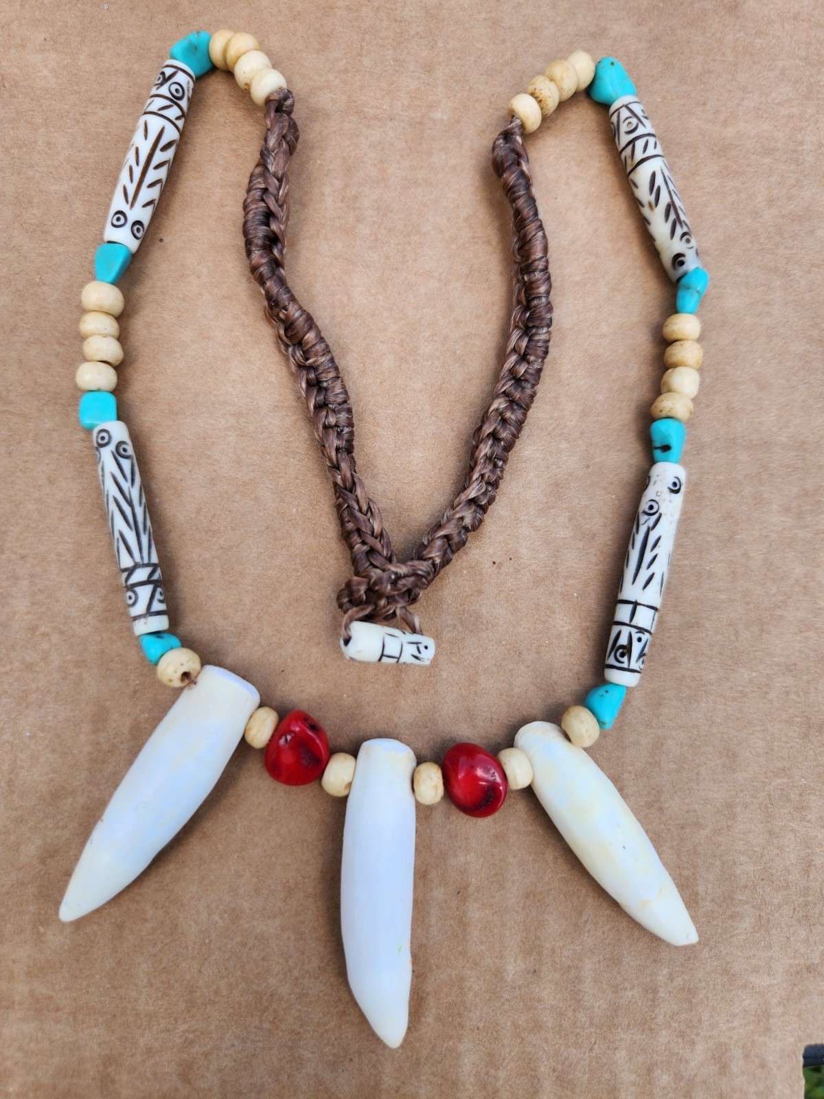 Warrior Shaman style three teeth real Alligator tooth bones turquoise coral