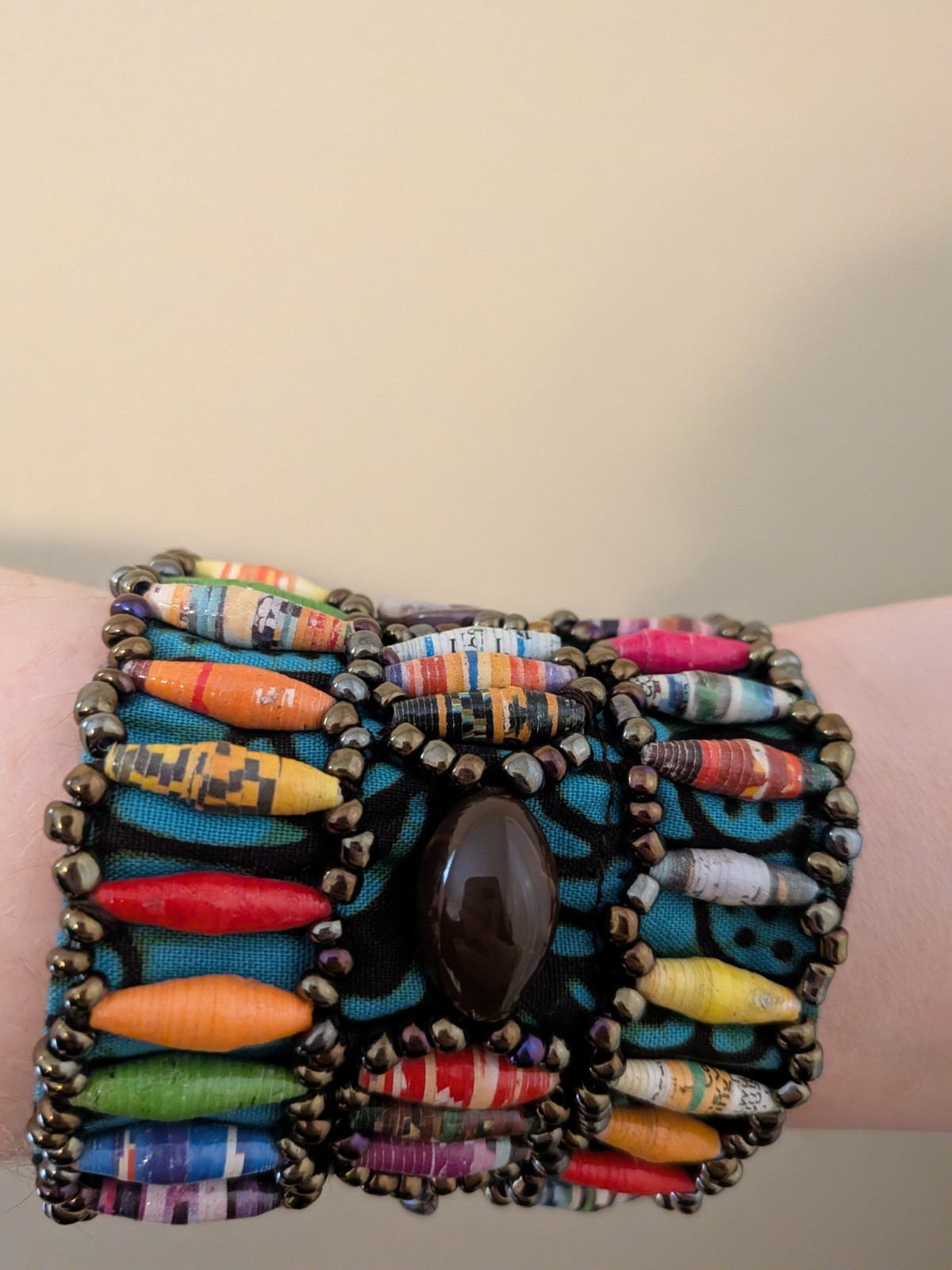 Handmade African Paper Bead Cuff Bracelet Multicolor Fabric Wrap Adjustable Boho
