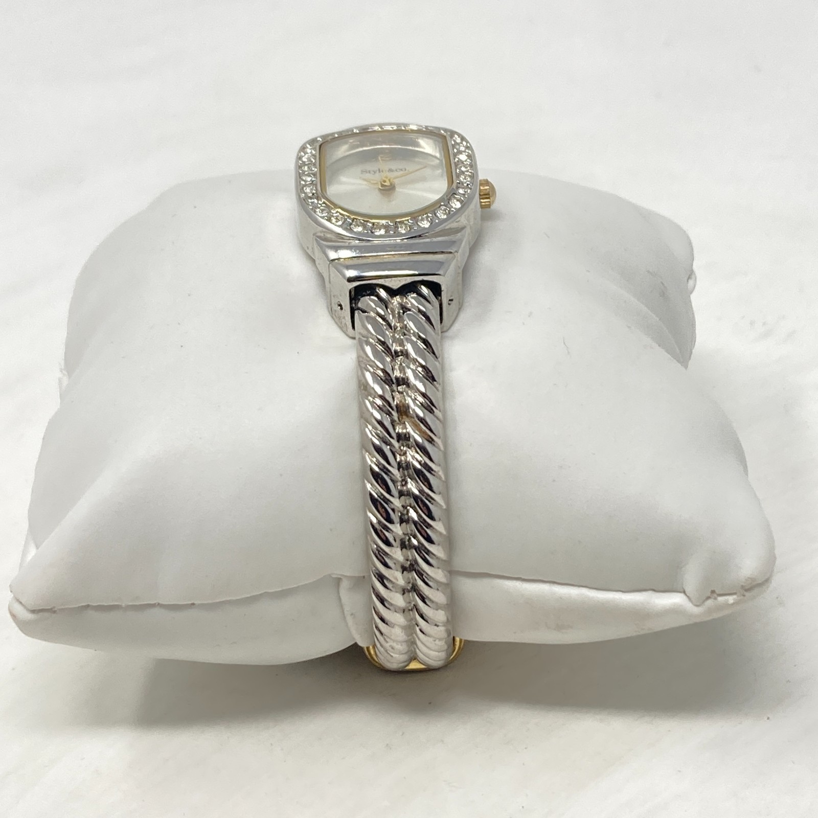 Style & Co Women Watch Silver Gold Tone Crystals Twisted Cable Cuff New Battery