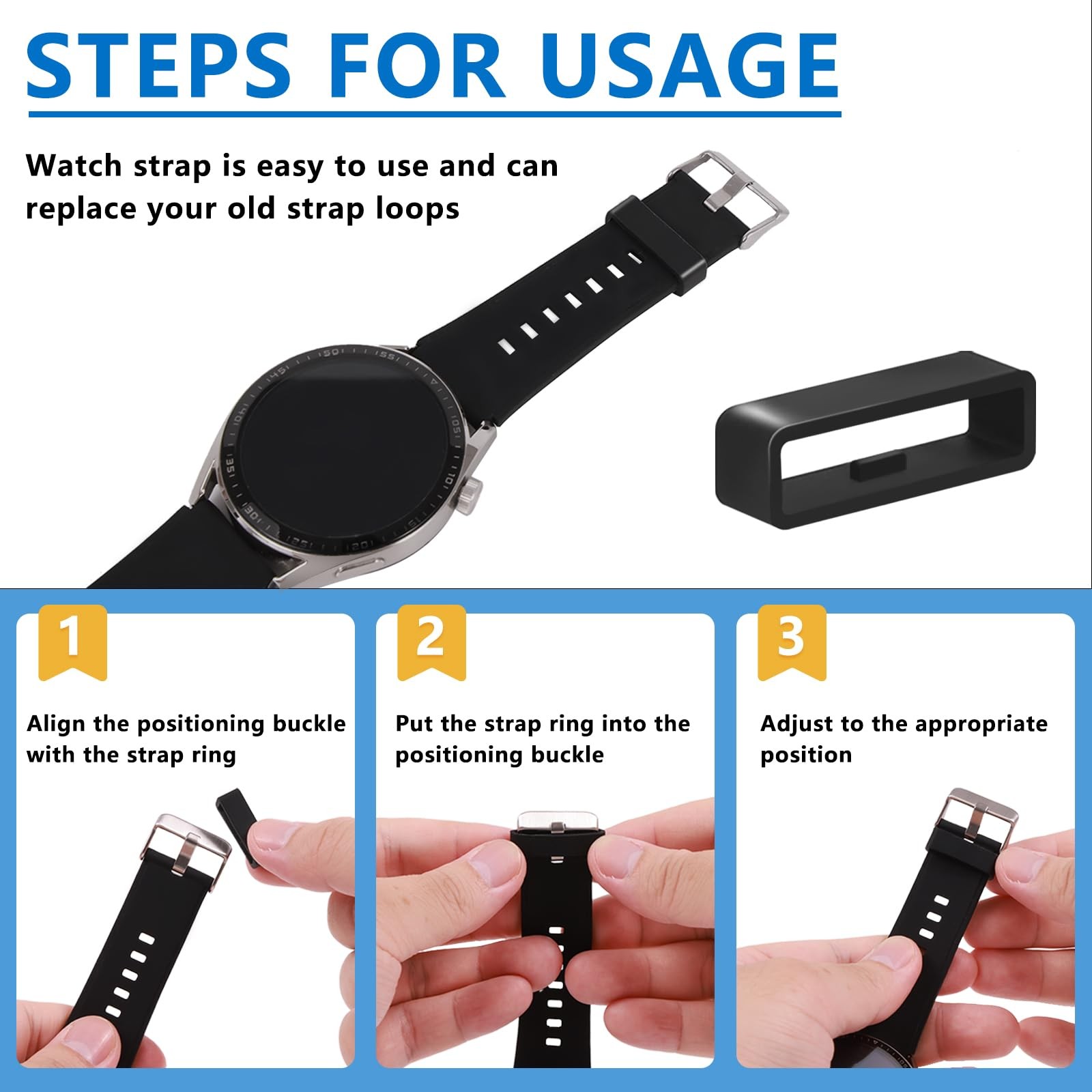 6 Pcs Watch Band Keepers 16-26mm Black Silicone Loops Strap Holder for Watches