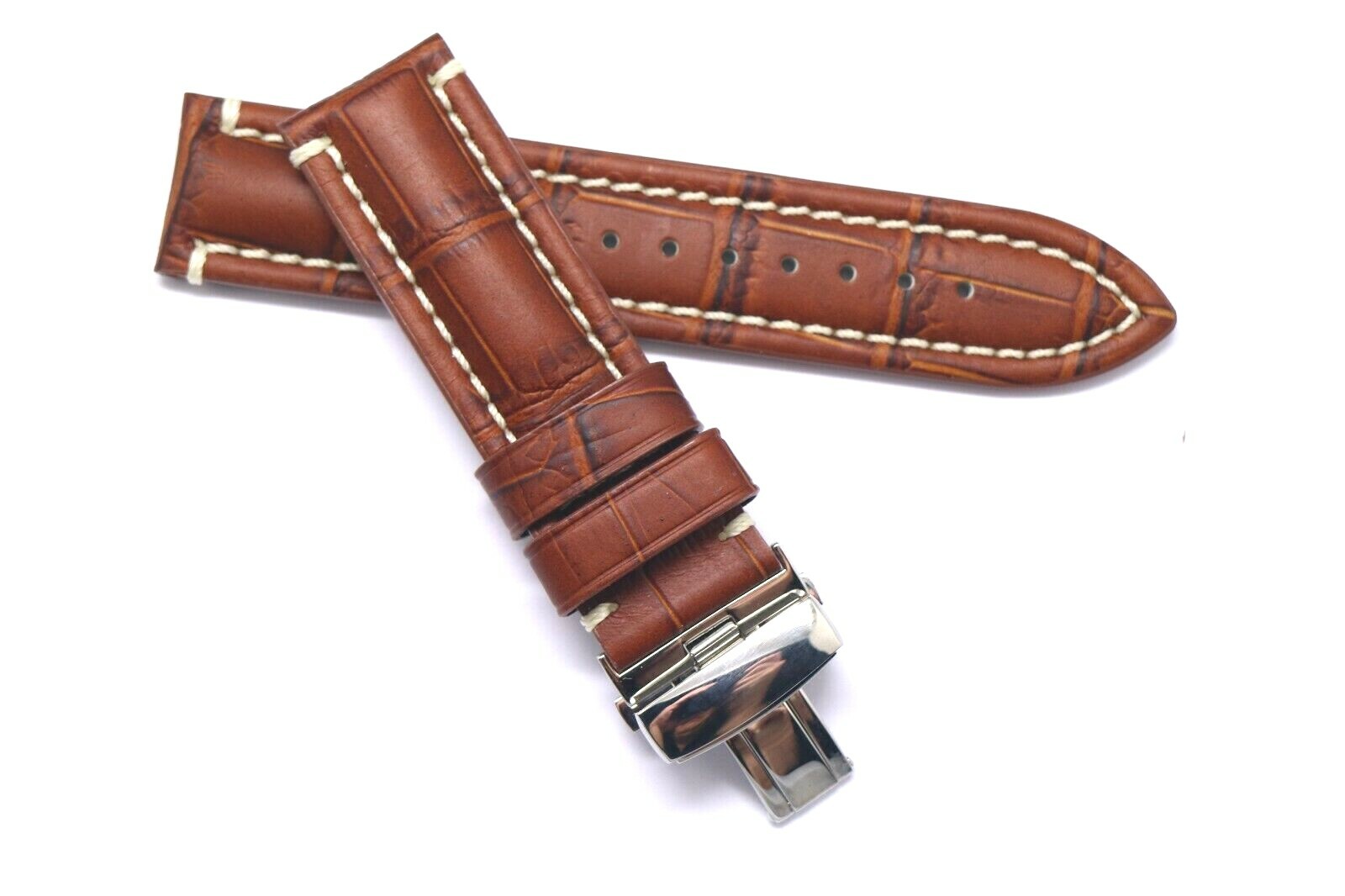 22mm Brown Leather Contrast Stitch Croco Watch Strap W/ Silver Push Button Clasp